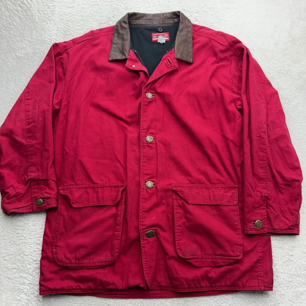 Marlboro Country Store Mens XL Red Canvas Barn Jacket Leather Collar Vintage 90s